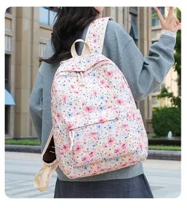 Bloemen canvas rugzak voor tiener meisjes preppy stijl schooltas gedetailleerd weergave