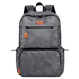 Stylish grey camo backpack with large capacity and orange zipper pulls for men travel.