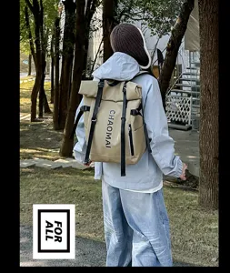 Outdoor roll-top waterproof backpack detail view, casual urban travel shoulder bag for daily use.