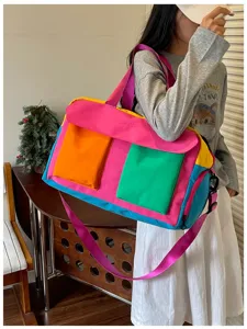 Color-blocked travel duffel bag fashionable large capacity gym bag waterproof canvas handbag for women