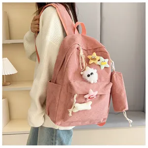 Zaino in velluto a coste rosa set borsa da studente stile college casual da viaggio.