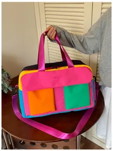 Colorful dopamine color block travel duffel bag with shoulder strap for women fitness
