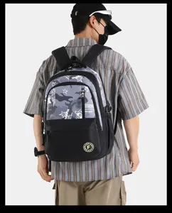 Detailed rear view of the stylish camouflage laptop backpack showing durable dual straps.