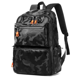 Stylish black camo backpack with large capacity, multiple pockets and bright orange zipper pulls.