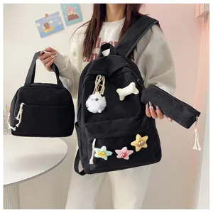 Set di zaini scolastici in velluto a coste nero a 3 pezzi con borsa per pranzo e astuccio.