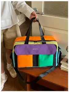 Color-blocked travel duffel bag fashion dopamine sports fitness shoulder handbag for women