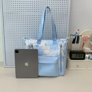 Lichtblauwe canvas shopper tas met schattige strik en ster print, grote casual handtas.