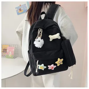 Zaino da studente in velluto a coste nero con ciondoli in peluche, borsa casual per viaggi.