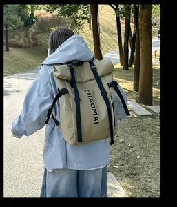 Roll-top khaki backpack for men and women, casual outdoor sports and travel waterproof bag.