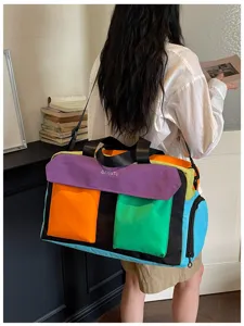 Colorful color block travel duffel bag for women, fashion casual crossbody gym sports handbag.
