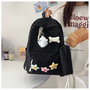 Set zaino casual in velluto a coste da 3 pezzi per studenti, elegante borsa da scuola per college.
