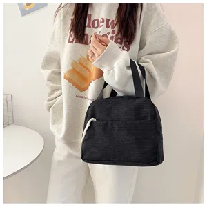 Borsa a mano in velluto a coste nera borsa casual leggera borsa pranzo elegante e chic.