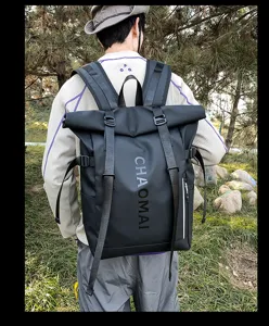 Street fashion waterproof roll-top black backpack for men and women outdoor hiking travel.
