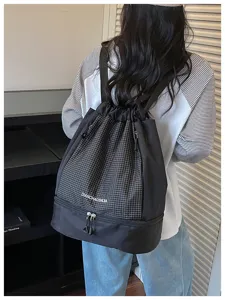Unisex Karo Kordelzug Rucksack mit Nass Trocken Trennung Sport Fitness Tasche fur Reisen.