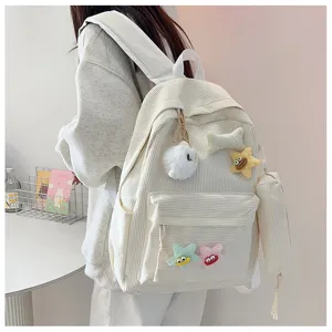 Zaino scolastico casual in velluto a coste con simpatici ciondoli in peluche, per studenti.