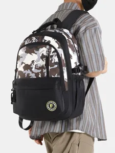 Casual color-block camo backpack for students and travel, large capacity computer school bag.