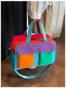 Dopamine color block travel duffel bag, casual fashion gym shoulder handbag for women and daily use.