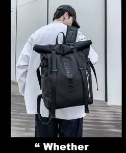 Stylish waterproof roll-top backpack for men and women, ideal for outdoor travel and daily use.