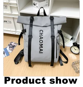 Street fashion waterproof roll-top backpack for men and women grey outdoor travel detail view