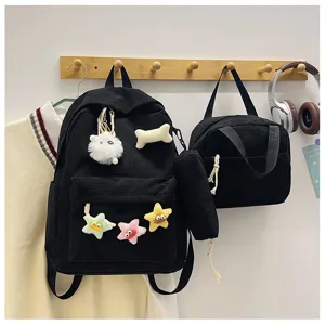 Set zaino in velluto a coste nero 3 pezzi per studenti, borsa casual con borsa per il pranzo.