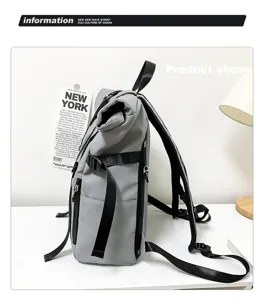 Grey roll-top backpack for men and women, casual waterproof outdoor travel sports fitness backpack.