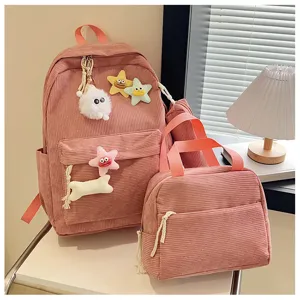 Set zaino in velluto a coste da 3 pezzi per la scuola viaggio con ciondoli a stella in peluche.
