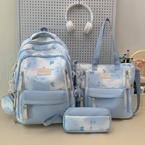 Casual Nylon Schoolrugzak Set met Strik en Sterrenprint Lichtgewicht Grote Capaciteit Reistas voor Studenten