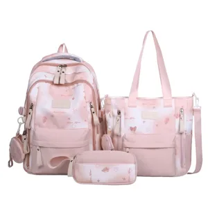 Roze 4-delige schoolrugzak set voor studenten, lichte casual dagrugzak met shopper en etui.