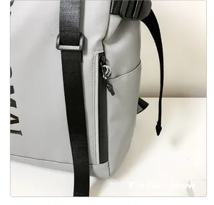 Grey waterproof street fashion backpack detail view roll top outdoor travel sports bag
