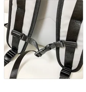 Close-up detail of adjustable backpack shoulder straps and secure sternum buckle system.