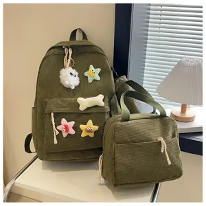 Zaino scolastico in velluto a coste verde con borsa per il pranzo abbinata e simpatici ciondoli in peluche