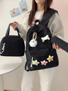 Set zaino in velluto a coste nero da 3 pezzi per studenti, borsa scolastica con borsa pranzo.