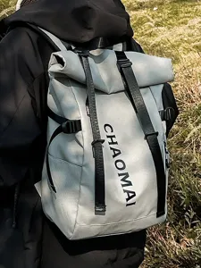 Street fashion rolltop backpack in light grey, casual outdoor waterproof travel bag on back view.