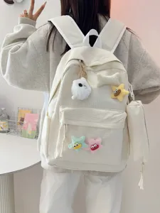 Zaino in velluto a coste bianco stile college borsa scolastica con ciondoli stella