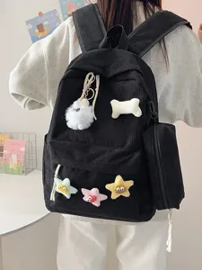 Zaino scolastico in velluto a coste nero con ciondoli in peluche carini per viaggi.
