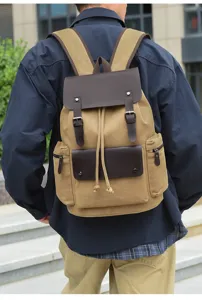Stilvoller Canvas Rucksack mit Lederklappe, große Kapazität Laptop Schultasche für Herren.