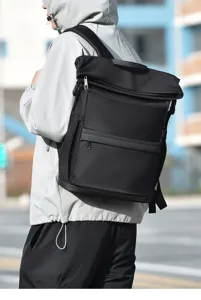Detail view of large capacity waterproof roll top business backpack for men commuting travel