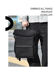 Close-up detail view of a black multi-functional roll-top business commuter backpack.