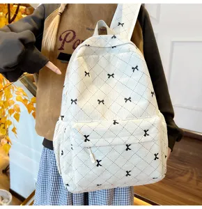 Sac à dos en velours côtelé blanc pour étudiants, nœud mignon motif losanges grand cartable