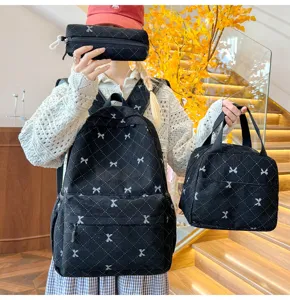 Ensemble de sac à dos noir en velours à 3 pièces avec jolis nœuds pour école et voyages