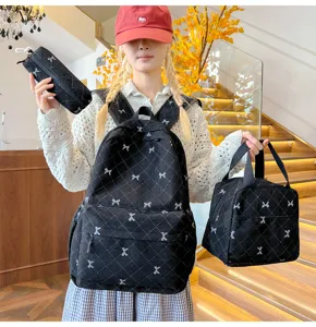 Ensemble de sac à dos en velours côtelé 3 pièces avec joli nœud pour école et voyage quotidien.