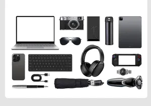 Detailed view of travel tech organizers and digital accessories set for business backpack use.
