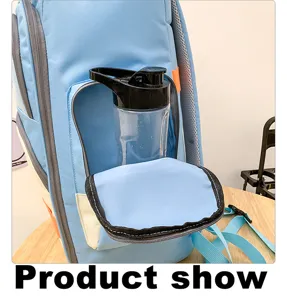 Vue détaillée du sac à dos multifonctionnel bleu clair avec poche avant et bouteille.