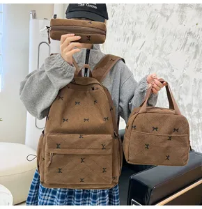 Ensemble de sac à dos 3 pièces en velours côtelé marron avec broderie de nœud.