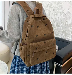 Sac à dos en velours côtelé marron avec broderie nœud, sac d'école décontracté pour voyage.