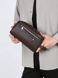 Sac pochette d'affaires en cuir marron pour homme, grand sac de rangement de voyage.