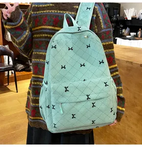 Joli sac à dos d'école en velours côtelé avec broderie nœud, sac de voyage vert décontracté.