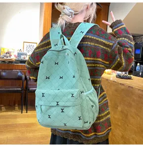 Joli sac à dos en velours côtelé vert menthe avec nœuds noirs, grand sac de voyage décontracté.