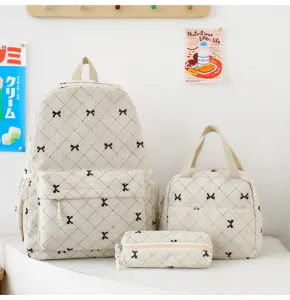 Ensemble de sac à dos nœud décontracté 3 pièces en velours côtelé mignon cartable voyage