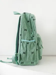 Sac à dos en velours côtelé vert avec joli motif de nœud noir, cartable spacieux.